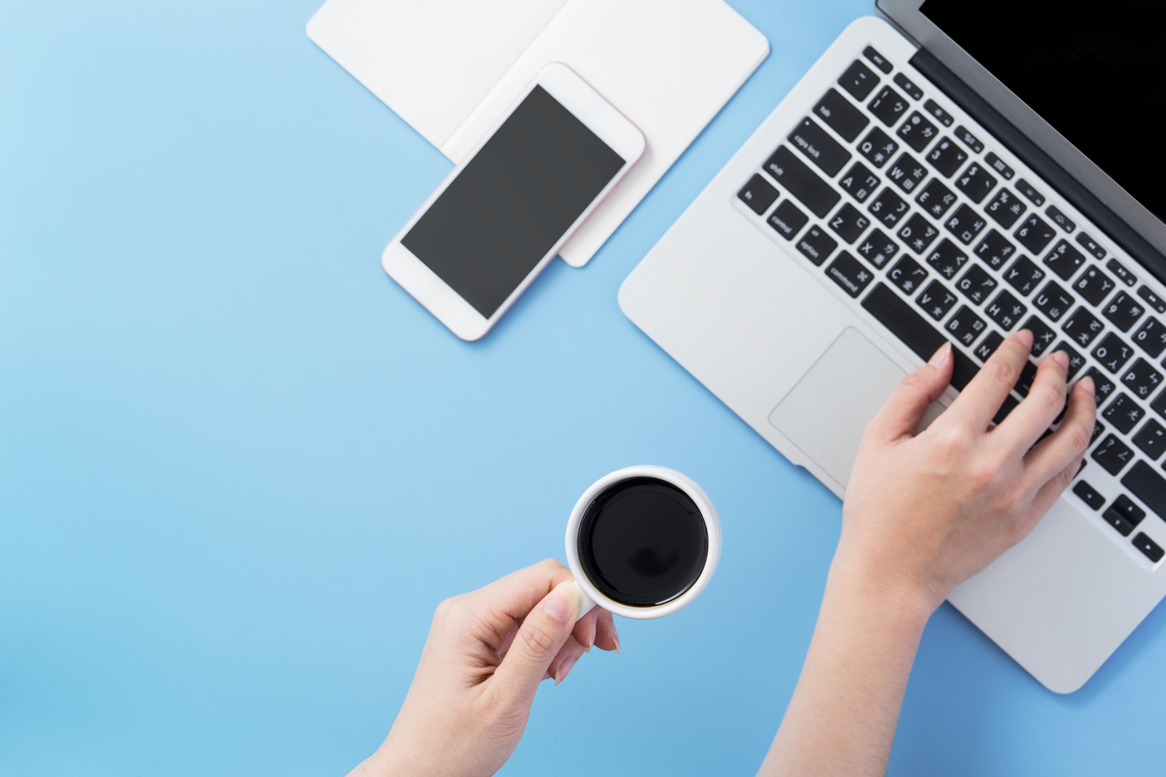 Woman surf internet for job hunting. Freelancer blog writer typi